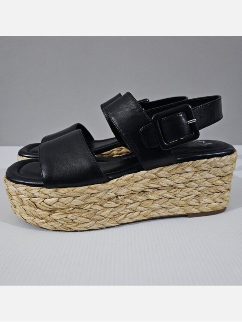 Marc Fisher Patryce Platform Espadrille Sandal Size 9.5 Black Leather Raffia NEW